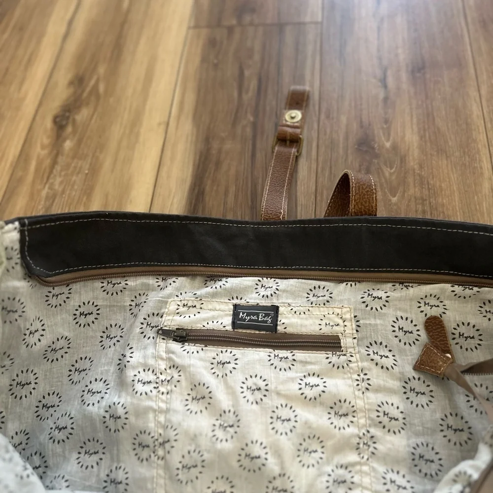 Myra Bag upcycled canvas & cowhide weekender bag